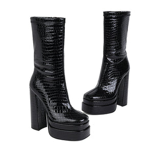 Women fashion chunky heeled platform side zipper short black boots