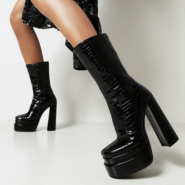 Women fashion chunky heeled platform side zipper short black boots