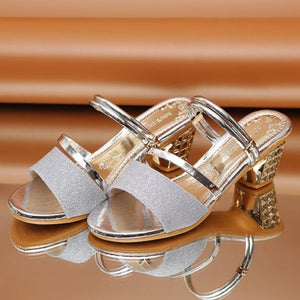 Women peep toe strap slide sequin chunky heels