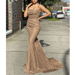 Sexy backless glitter shining paghetti strap maxi mermaid dress | Sleevesless floor-length cocktail party prom dress
