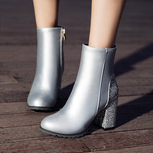 Women sequin chunky heel fashion side zipper short boots