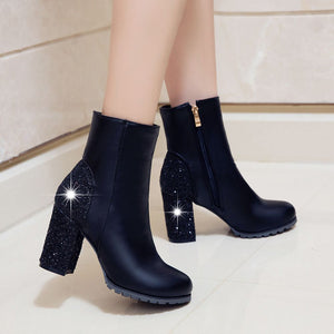 Women sequin chunky heel fashion side zipper short boots