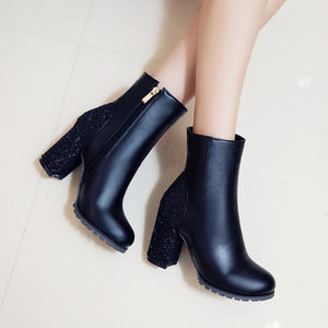 Women sequin chunky heel fashion side zipper short boots