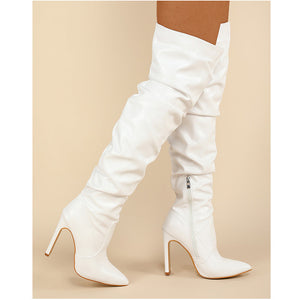 Women over the knee fashion side zipper chunky heel pointed toe slouch boots