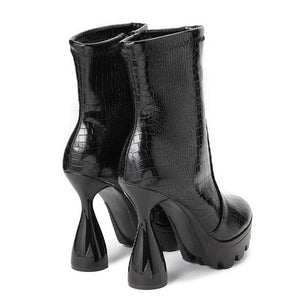 Women black shor crocodile embossed chunky heel side zipper platform boots