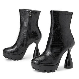 Women black shor crocodile embossed chunky heel side zipper platform boots