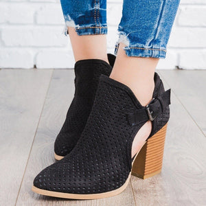 Women buckle strap hollow chunky heel pointed toe side zipper ankle boots