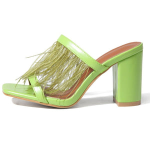 Women fringe two strap slide high chunky green heels
