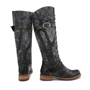 Women black flower embossed flat heel knee high motorcycle boots