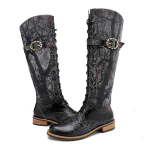 Women black flower embossed flat heel knee high motorcycle boots