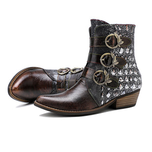 Women vintage casual snakeskin embossed pointed toe chunky heel cowboy boots