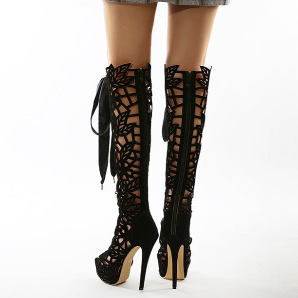 Women knee high stiletto peep toe summer hollow black platform heels