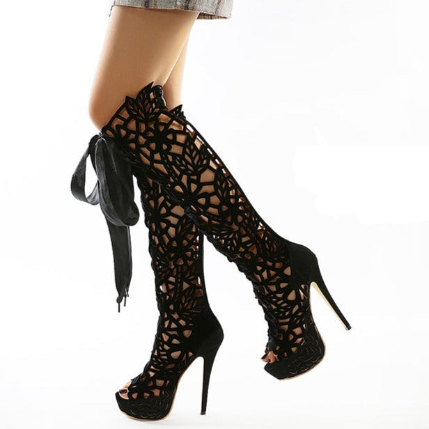 Women knee high stiletto peep toe summer hollow black platform heels