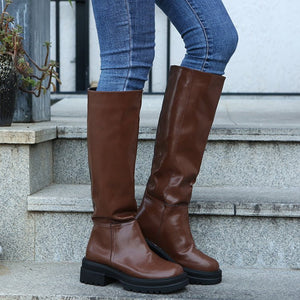 Women fashion chunky platform round toe slip on knee high boots