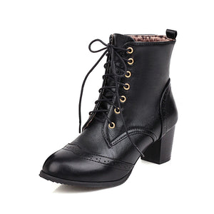 Women short pointed toe lace up chunky heel boots