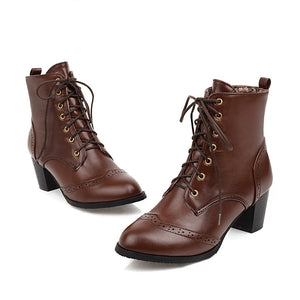 Women short pointed toe lace up chunky heel boots