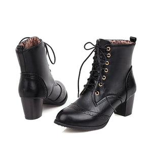 Women short pointed toe lace up chunky heel boots