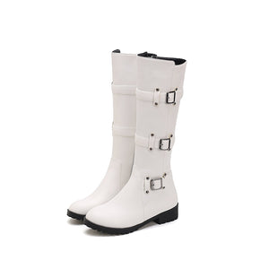 Women buckle straps side zipper chunky heel knee high motorcycle boots