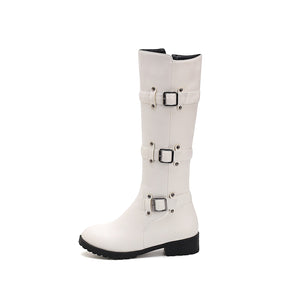 Women buckle straps side zipper chunky heel knee high motorcycle boots