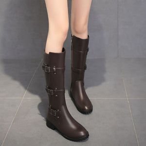 Women buckle straps side zipper chunky heel knee high motorcycle boots