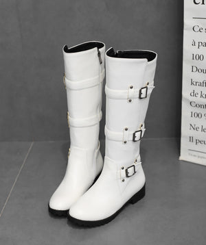 Women buckle straps side zipper chunky heel knee high motorcycle boots