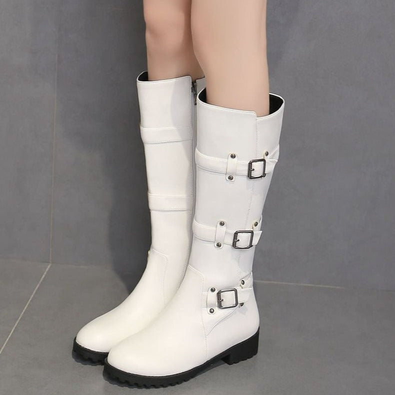 Women buckle straps side zipper chunky heel knee high motorcycle boots