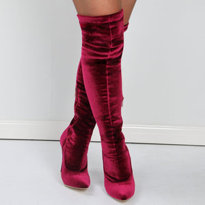 Women faux suede pointed toe stiletto high heel side zipper over the knee boots