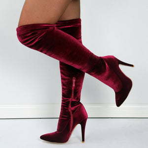 Women faux suede pointed toe stiletto high heel side zipper over the knee boots