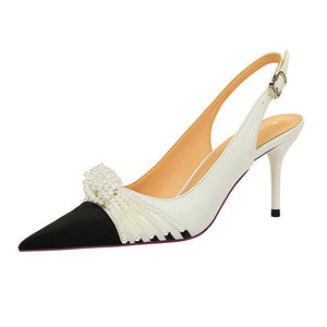 Women rhinestone bowknot color block closed toe slingback stiletto heels