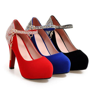 Women sequin color block pendant buckle strap dancing high heels