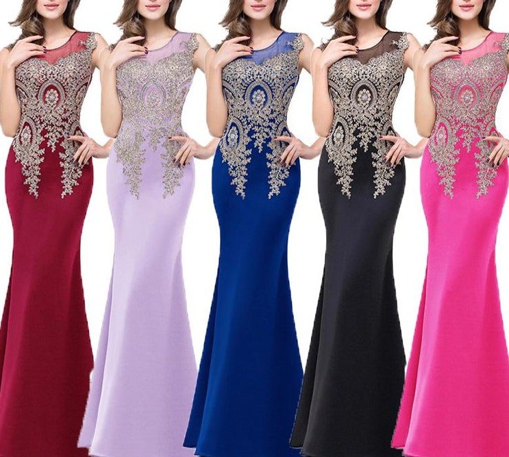 Illusion embroidery sleevesless mermaid  maxi dress | Bodycon party evening prom dress