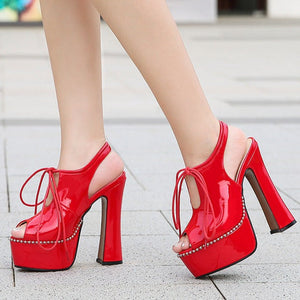 Women chunky high heel slingback lace up peep toe platform heels