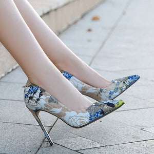 Women embroidered flower pointed toe stiletto cute high heels