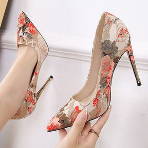 Women embroidered flower pointed toe stiletto cute high heels