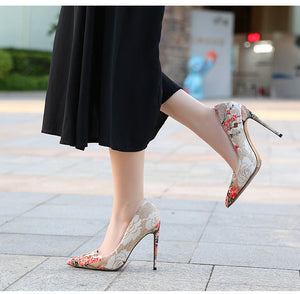 Women embroidered flower pointed toe stiletto cute high heels
