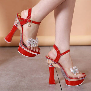 Women rhinestone clear peep toe high chunky buckle strap platform heels