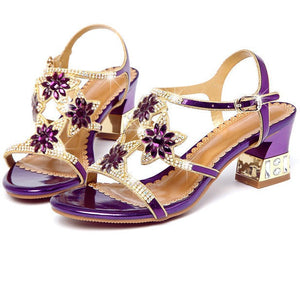 Women rhinestone flower hollow buckle open toe chunky ankle strap heels