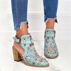 Women embroidered closed toe slingback buckle strap chunky heel boots