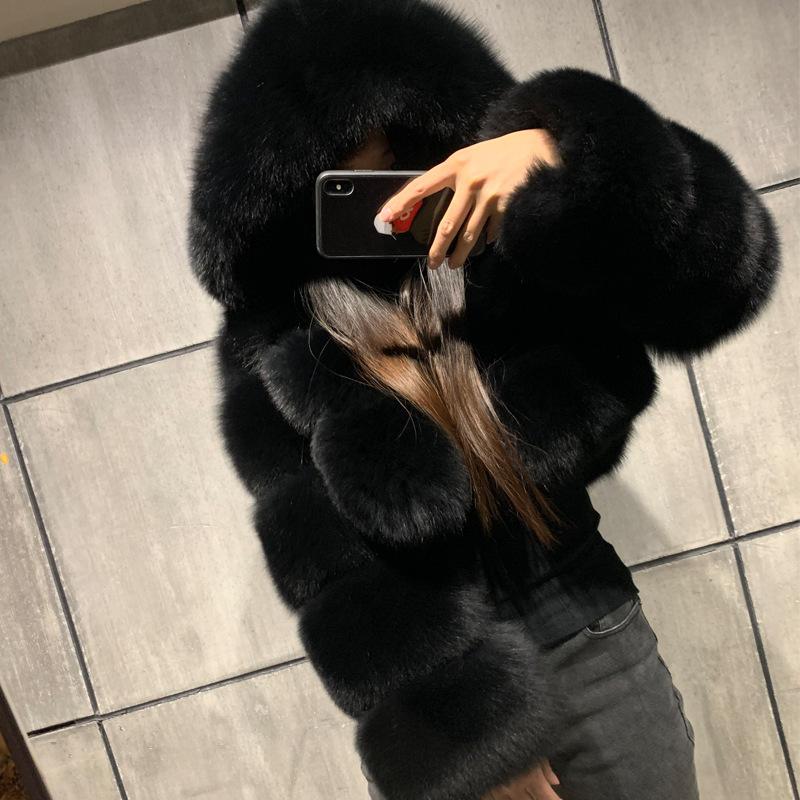 Women hooded cropped solid color long sleeve faux fur coat