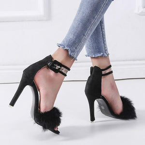 Women fluffy peep toe ankle strap stiletto snakeskin heels