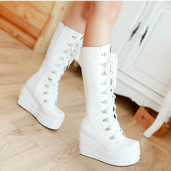 Women winter knee high lace up chunky platform boots