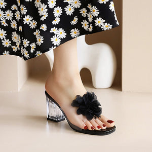 Women flower peep toe strap slide chunky clear heels