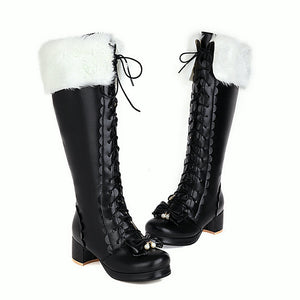 Women chunky heel platform bowknot lace up knee high boots