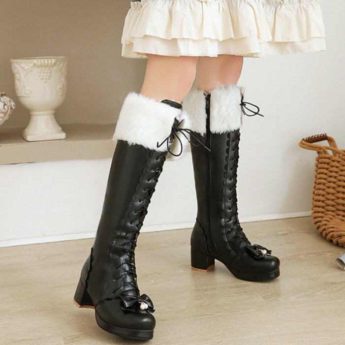 Women chunky heel platform bowknot lace up knee high boots