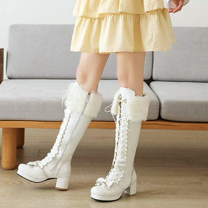 Women chunky heel platform bowknot lace up knee high boots