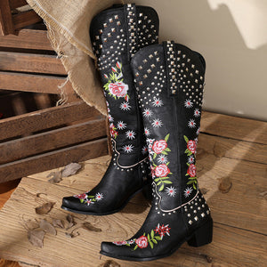 Women studded embroidered flower chunky heel knee high boots