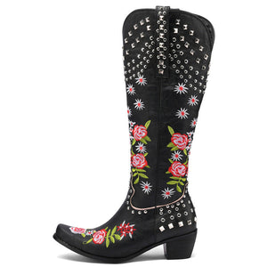 Women studded embroidered flower chunky heel knee high boots