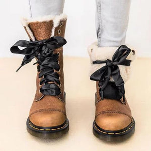 Women winter faux fur lace up short snow boots