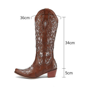 Women rhinestone flower hollow chunky heel knee high boots