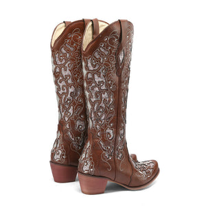 Women rhinestone flower hollow chunky heel knee high boots